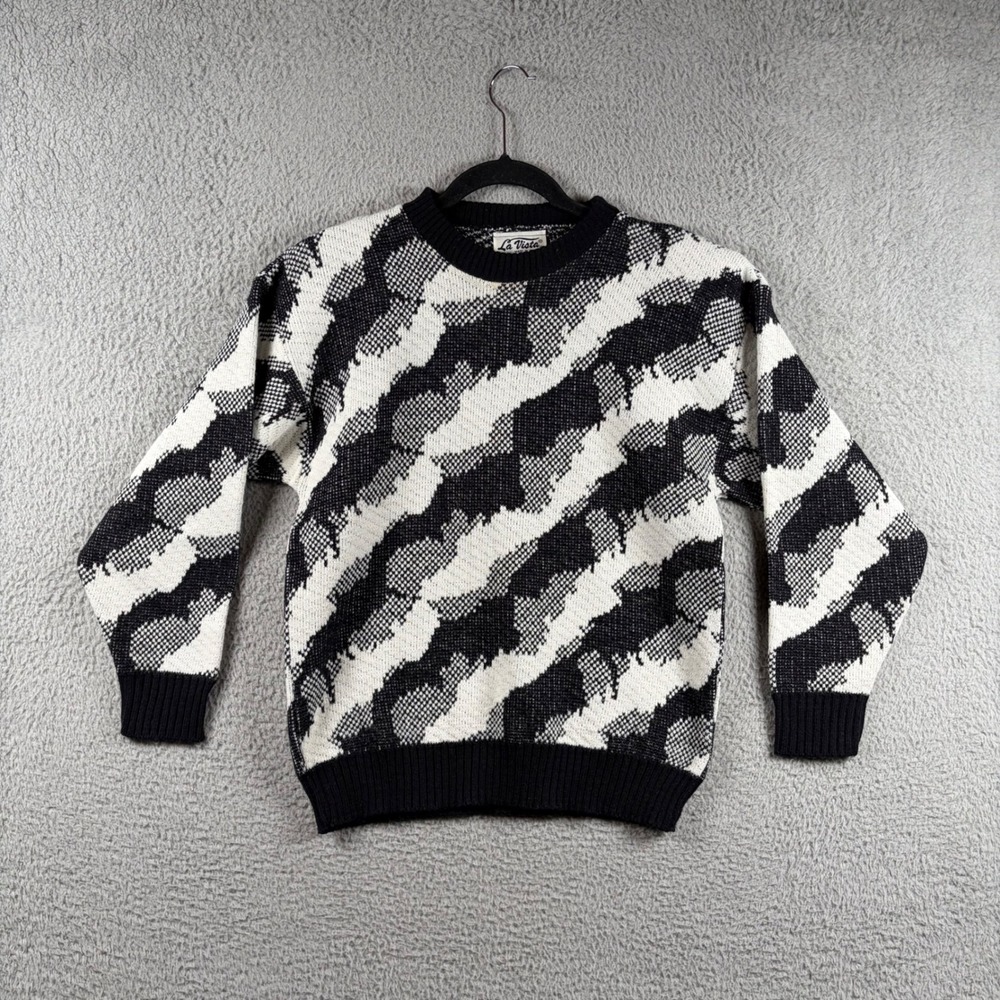Vtg La Vista Crewneck Retro Sweater Black White Abstract Geometric Knit USA